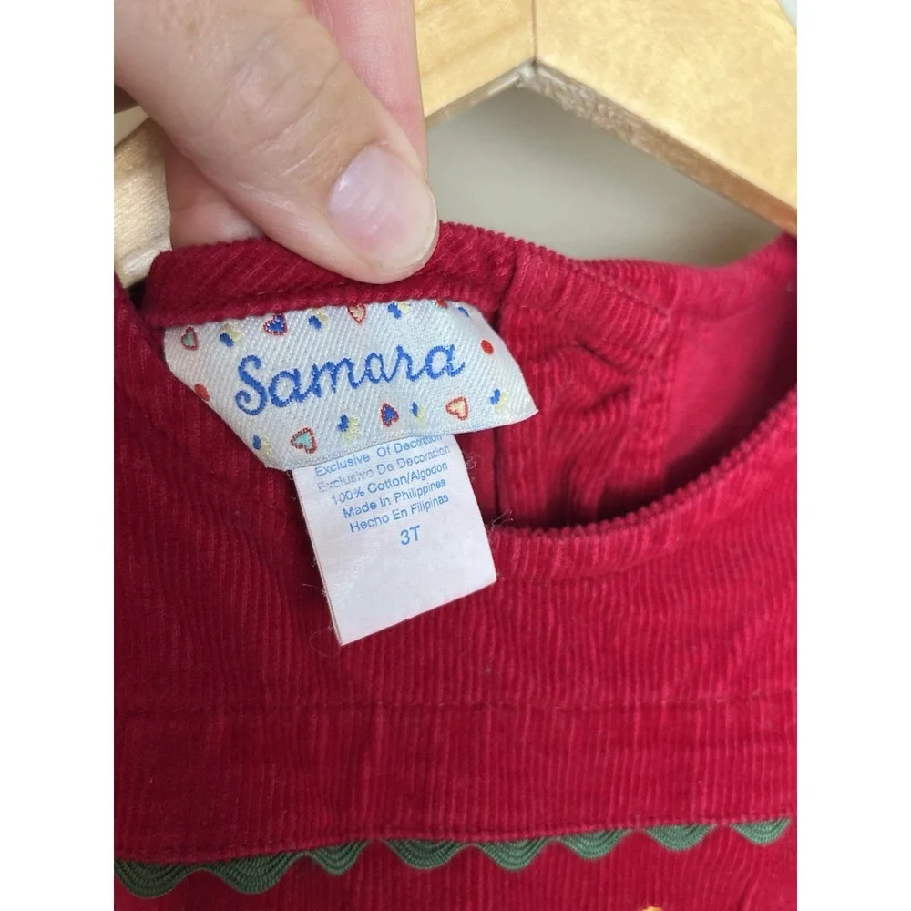 Samara Vtg 90's Red Corduroy Jumper Dress Embroidered Floral Girls 3T Cotton